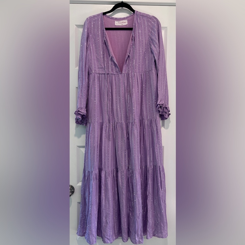 SUNDRESS Neo Long Roma Dress Lavender XS/S Boho Sequins Tiered Ruffled - Picture 2 of 11